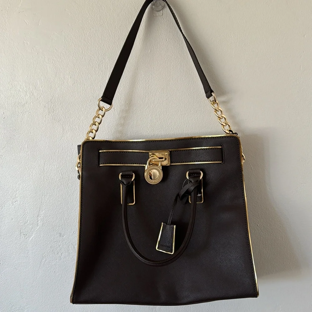 NWT MK BROWN Large Brown Bag w/Gold Trim and Chain Strap-Hamilton Speccio - Picture 3 of 11